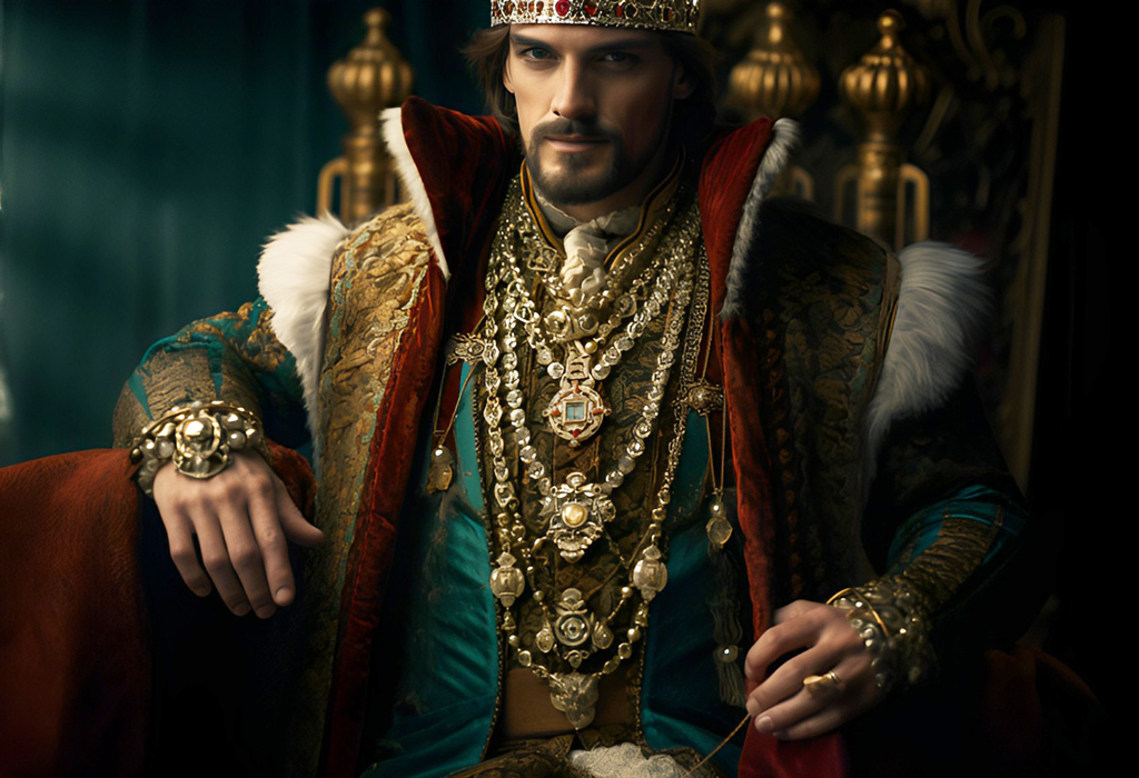 king on a throne wearing a lot of jewelry