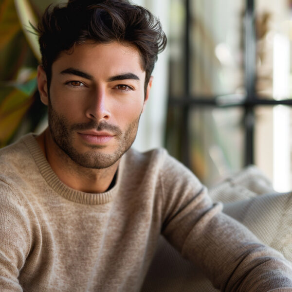 man wearing a fine, tan cashmere sweater