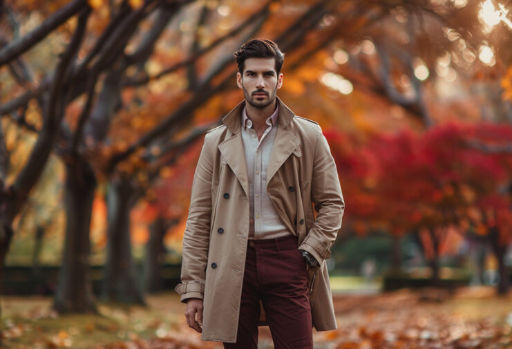 Men's Fall Looks & Outfit Ideas man wearing coat in a park with fallen leaves
