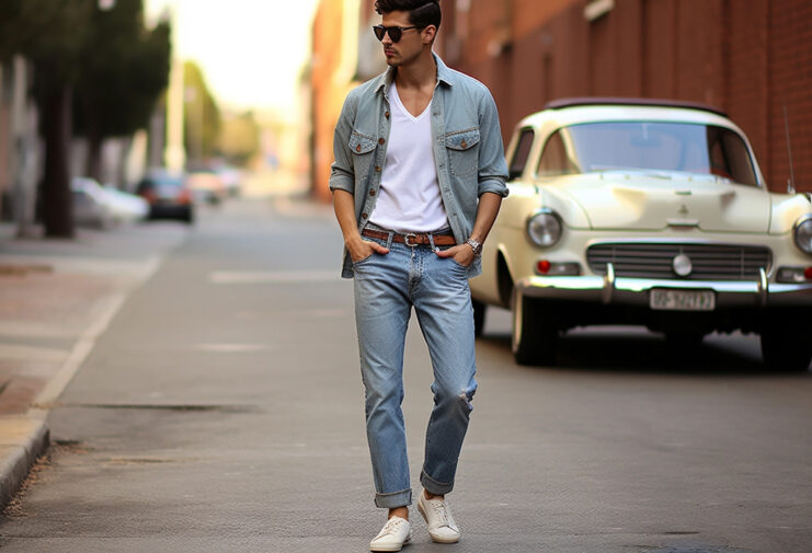 Levi's 501 Jeans - A Man's Style Guide man walking in 501 levi's jeans and denim shirt